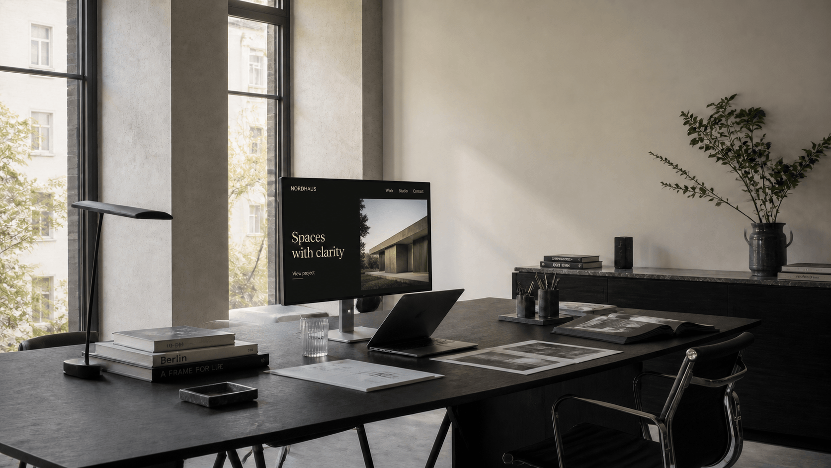 Cinematischer Berliner Studio-Arbeitsplatz mit Monitor, Laptop, Architekturmaterialien und hochwertigem Website-Interface.