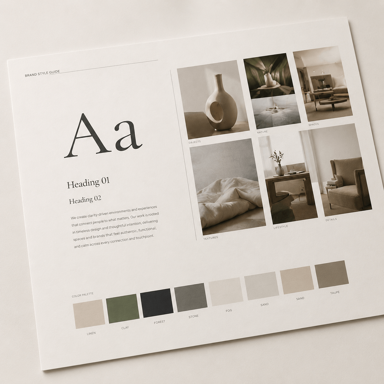 Hochwertiges Brand-Styleguide-Blatt mit Typografie, Bildwelt und Farbpalette.