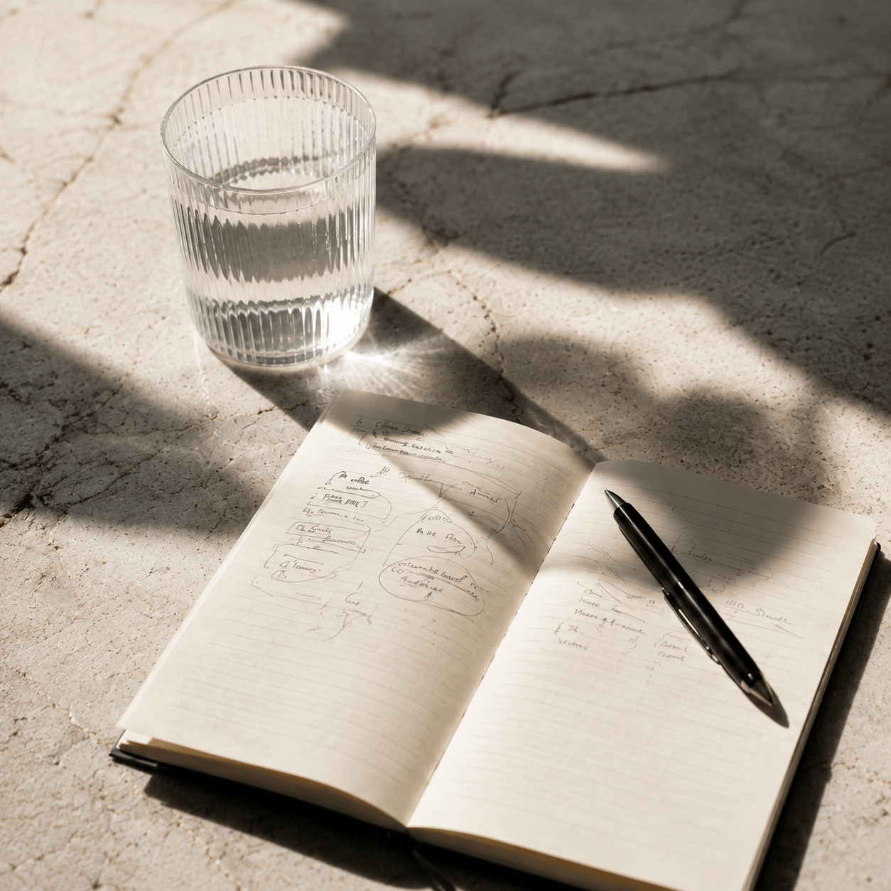 Offenes Notizbuch mit handschriftlichen Skizzen, Stift und Wasserglas auf hellem Stein.